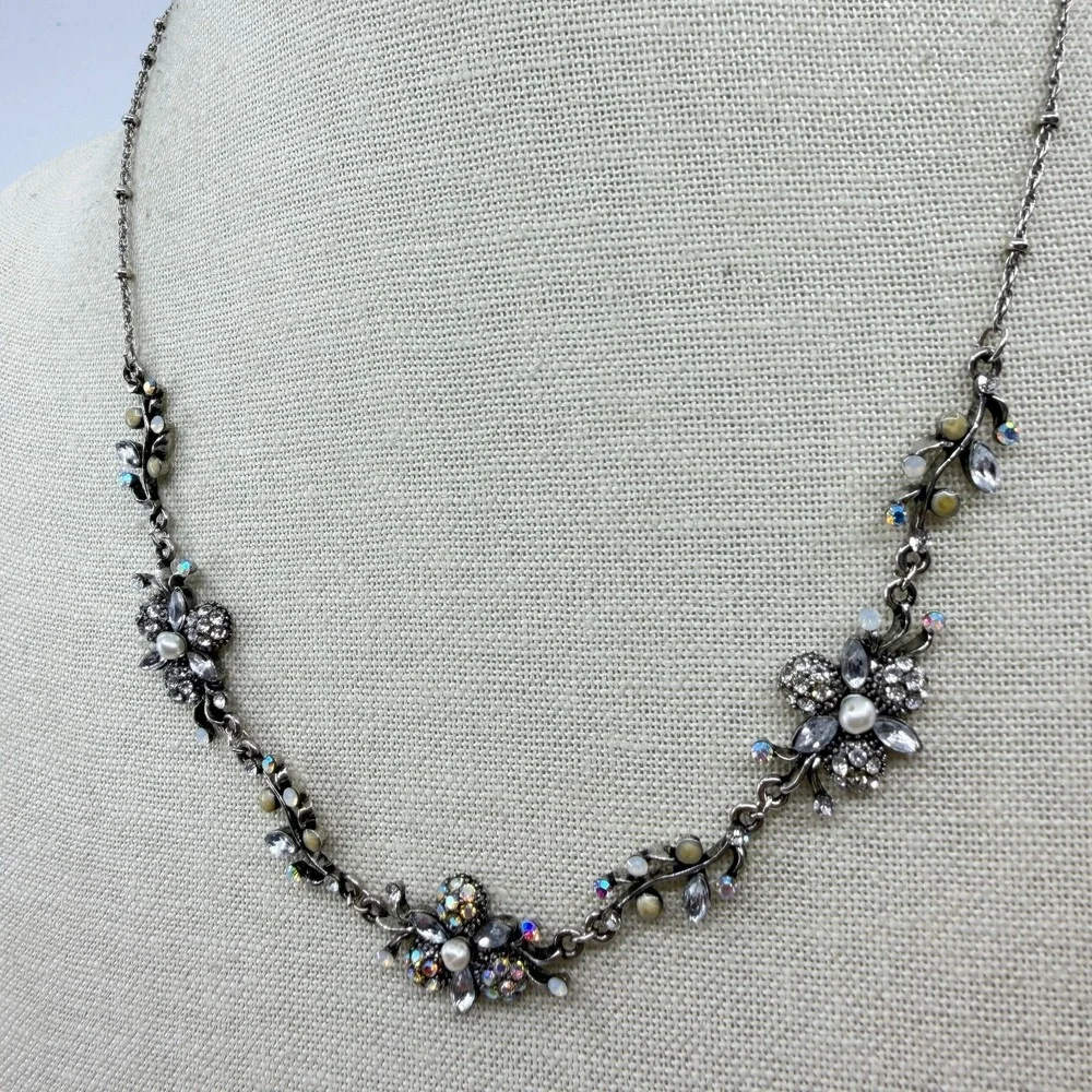 Gunmetal Floral Rhinestone Faux Pearl Necklace Cottagecore Statement Jewelry